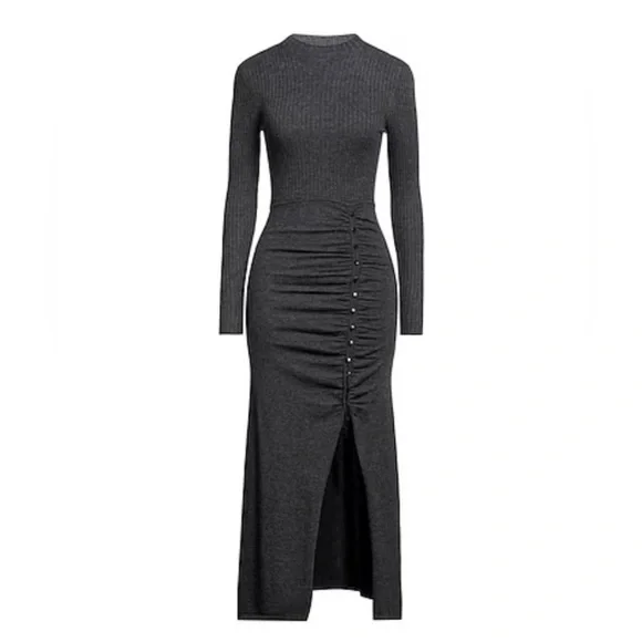 SANDRO Ruched ribbed knit wool-blend mock neck midi long sleeve sweater dress - Picture 4 of 4